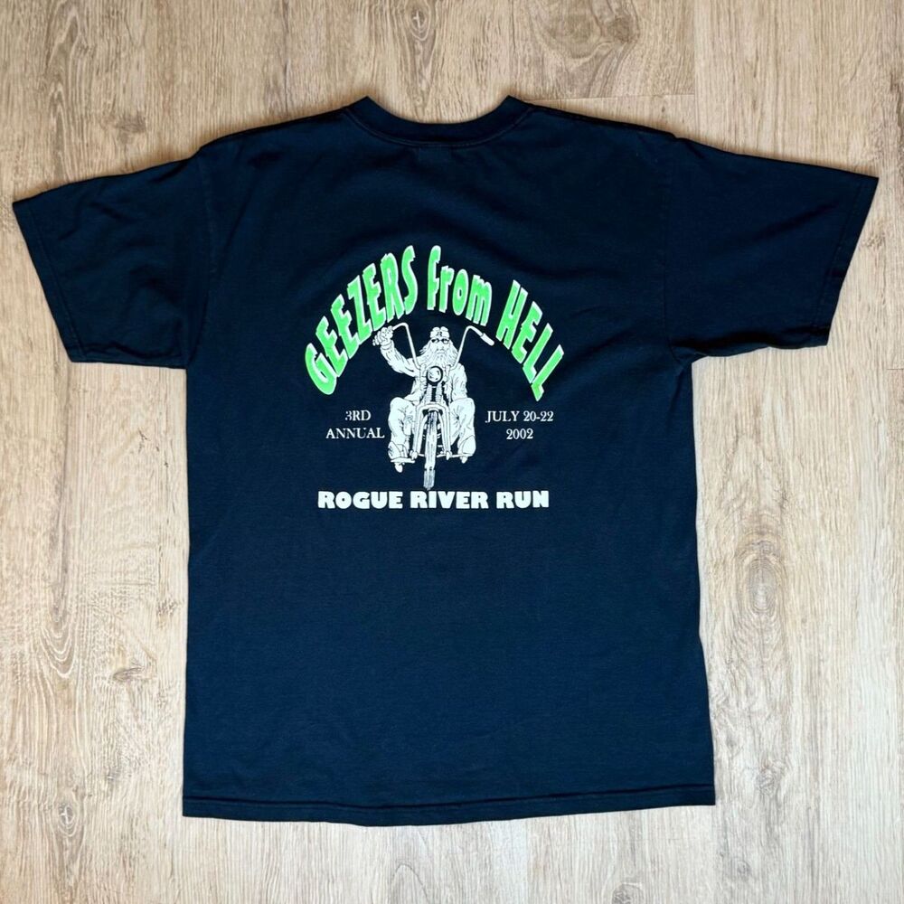 Geezers From Hell Rogue River Run 2002 Black T-Shirt Large Biker Graphic Tee